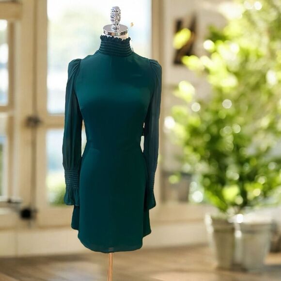 Reformation Archie Shirred Georgette Mini Dress Green Women’s 4 Long-Sleeve High - Picture 7 of 14